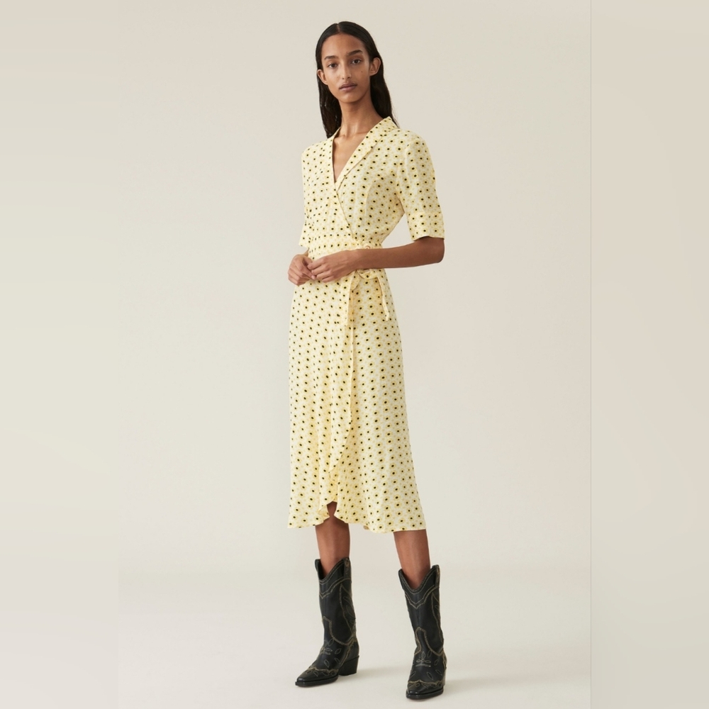 Ganni Sunflower Polkadot Crepe Wrap Dress Yellow